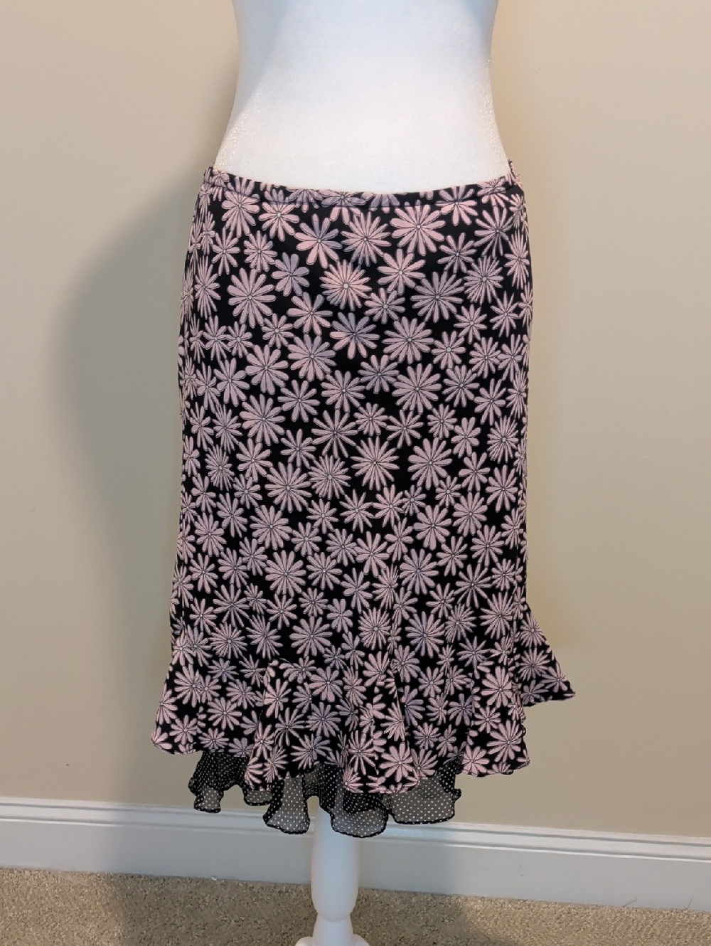 S.L.B 100% Silk Black Midi Skirt with  Pink Daisy Print and Polka Dot Hem